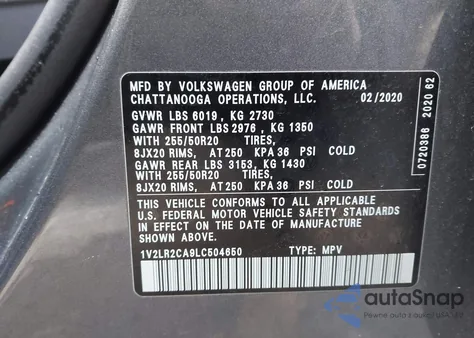 2020 Volkswagen Atlas 3.6L V6 Se/3.6L V6 Se W/Technology R-Line z USA, uszkodzony, nr VIN 1V2LR2CA9LC504650